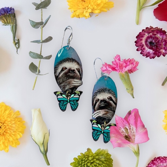 Handpainted three toed sloth earrings enamel butterfly charm sterling wires OOAK - Picture 1 of 5